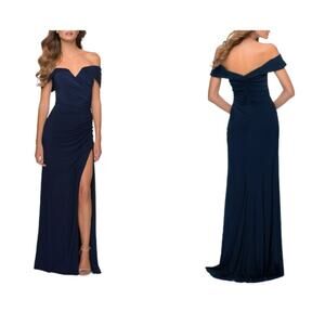 La Femme Navy Blue Off the Shoulder Jersey Gown Size 0 NWOT